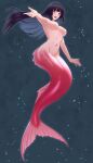  1girl absurdres black_hair blush breasts completely_nude fins floating_hair full_body glowing glowing_eyes grey_background groin highres hime_cut jabami_yumeko jewelry kakegurui kiria021 large_breasts long_hair looking_at_viewer merfolk mermaid monster_girl monsterification nail_polish navel no_nipples nude open_mouth red_nails red_tail ring sidelocks solo thumb_ring translation_request 