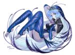  1girl absurdly_long_hair absurdres antennae arched_soles arm_up armpits arthropod_girl artist_name asamitsu_(n_morninglight) backless_leotard backless_outfit black_leotard black_shrug blue_eyes blue_gem blue_gloves blue_hair blue_thighhighs breasts butterfly_girl clip_studio_paint_(medium) colored_inner_hair commentary covered_nipples curled_up double-parted_bangs elbow_gloves feet full_body gem gloves grey_outline headpiece highres jewelry large_breasts legs leotard light_particles long_eyelashes long_hair looking_at_viewer multicolored_hair multicolored_leotard original outline parted_lips personification plantar_flexion shrug_(clothing) sideways_glance simple_background solo sparkle stirrup_legwear strapless strapless_leotard striped_clothes striped_gloves striped_thighhighs thighhighs toe_scrunch toeless_legwear toes turtleneck turtleneck_shrug two-tone_hair two-tone_leotard untranslatable_commentary very_long_hair white_background 