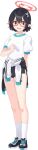  1girl @_@ arm_behind_back ayane_(blue_archive) black_buruma black_hair black_jacket black_shoes blue_archive blue_trim braid breasts brown_eyes buruma clenched_hand clothes_around_waist cross-laced_shoes crown_braid flower full_body game_asset glasses gym_uniform hair_flower hair_ornament halo hand_on_own_chest hand_up highres hwansang jacket jacket_around_waist large_variant_set legs legs_together looking_at_viewer official_art open_mouth pointy_ears raised_inner_eyebrows red-framed_eyewear red_halo shirt shoes short_hair short_sleeves sidelocks simple_background single_braid small_breasts sneakers socks solo standing tachi-e thighs third-party_source transparent_background variant_set white_shirt white_socks wide-eyed 