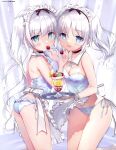 2girls :d absurdres amanagi_seiji apron armpit_crease artist_name ass bare_arms bare_legs bare_shoulders black_choker blue_eyes blush breasts bustier cherry choker cleavage cowboy_shot dengeki_moeoh detached_collar food frilled_apron frilled_panties frills fruit green_eyes hair_between_eyes hair_ornament highres holding holding_food holding_fruit holding_tray kneeling long_hair looking_at_viewer magazine_scan maid maid_headdress matching_outfits multiple_girls original panties parted_lips sailor_collar scan shiny_skin side-tie_panties sidelocks smile star_(symbol) star_hair_ornament thighs third-party_source tongue tray twintails unconventional_maid underwear very_long_hair waist_apron white_apron white_bustier white_hair white_panties white_sailor_collar white_wrist_cuffs wrist_cuffs 