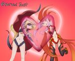  2girls :d absurdres arm_above_head black_cape black_leotard black_thighhighs blonde_hair boots breasts cape center_opening cleavage detached_sleeves elbow_gloves eyepatch fingerless_gloves flower_ornament gloves green_eyes guilty_crown hair_between_eyes hair_tubes heart heart-shaped_pupils heart_hands heart_hands_duo highres leg_up leotard long_hair looking_at_viewer low_twintails medium_breasts missing_headwear multiple_girls narwhal_toast navel one_eye_covered open_mouth othinus outfit_connection pink_hair red_background red_boots red_cape red_eyes red_gloves red_leotard red_sheet red_sleeves smile symbol-shaped_pupils teeth thighhighs toaru_majutsu_no_index toaru_majutsu_no_index:_new_testament twintails twitter_username two-tone_cape upper_teeth_only very_long_hair yuzuriha_inori 