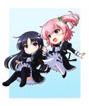 2girls assault_lily black_hair black_skirt blush border closed_mouth highres hitotsuyanagi_riri holding_hands long_hair multiple_girls musashiya_chougenbou one_side_up open_mouth pink_eyes pink_hair purple_eyes shirai_yuyu skirt thighhighs white_border white_thighhighs 
