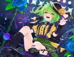  1girl :d adapted_costume bandaid bandaid_on_leg black_hat black_leg_warmers blue_flower blue_rose bow breasts commentary_request disembodied_linked_eye eyeball finger_heart flower green_eyes green_hair green_skirt hat hat_bow heart heart_of_string holding holding_microphone kanpa_(campagne_9) komeiji_koishi leg_warmers looking_at_viewer microphone open_mouth puffy_short_sleeves puffy_sleeves rose shirt short_sleeves sitting skirt small_breasts smile solo touhou touhou_hero_of_ice_fairy twitter_username yellow_bow yellow_shirt 
