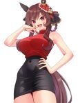  1girl alternate_costume animal_ears bare_arms bare_shoulders black_skirt blush braid braided_hair_rings breasts brown_hair commentary_request ear_covers ear_ornament gentildonna_(umamusume) hair_between_eyes hair_ornament hair_rings hand_on_own_hip heart-shaped_ornament heart_ear_ornament highres horse_ears horse_girl horse_tail katsushika_yuki large_breasts long_hair looking_at_viewer open_mouth red_eyes red_sweater simple_background skirt sleeveless sleeveless_sweater smile solo sweater tail umamusume white_background 