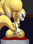  3_fingers anthro anus big_butt black_sclera blue_eyes breasts butt detailed_background digimon digimon_(species) fan_character female fingers furball_(artist) genitals hand_on_butt huge_butt looking_at_viewer looking_back open_mouth presenting presenting_anus pussy rear_view renamon renimpmon short_stack sitting small_breasts solo spread_butt spreading white_body wide_hips yellow_body 
