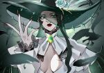  1girl absurdres black_hair breasts cleavage cleavage_cutout clothing_cutout commentary corset green_eyes hat hat_feather hela_(marvel) hela_(the_grim_lady)_(marvel) highres large_breasts long_hair looking_at_viewer marvel marvel_rivals official_alternate_costume pannaaq picture_hat shirt solo white_shirt 