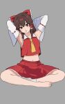  1girl absurdres armpits arms_up ascot bow breasts brown_eyes brown_hair ceocq commentary detached_sleeves frilled_bow frilled_hair_tubes frilled_skirt frills grey_background hair_bow hair_tubes hakurei_reimu highres long_hair looking_at_viewer midriff navel red_bow red_skirt ribbon-trimmed_sleeves ribbon_trim sideboob simple_background single_bare_foot single_sock sitting skirt skirt_set socks solo toes touhou yellow_ascot 