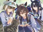  3girls absurdres animal_ears black_hair blue_eyes blue_hat blue_ribbon bow bowtie bright_pupils brown_hair cat cheval_grand_(umamusume) commentary_request dixie_cup_hat ear_covers ears_through_headwear hair_between_eyes hair_ribbon hat highres horse_ears horse_girl horseshoe_ornament long_hair long_sleeves looking_at_animal military_hat mole mole_under_eye multicolored_hair multiple_girls open_mouth peaked_cap purple_sailor_collar purple_shirt purple_skirt ribbon sailor_collar sailor_shirt school_uniform shirt short_hair short_hair_with_long_locks siblings sidelocks sisters skirt smile streaked_hair tracen_school_uniform twintails umamusume v_sisters verxina_(umamusume) vivlos_(umamusume) white_bow white_bowtie white_hat white_streaks yoojp 