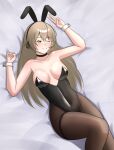  1girl absurdres alternate_costume animal_ears bare_shoulders bed black_choker black_leotard black_pantyhose blush breasts brown_hair choker collarbone commentary_request covered_navel crossed_legs fake_animal_ears feet_out_of_frame girls'_frontline highres leotard long_hair looking_at_viewer lying medium_breasts off-shoulder_leotard on_bed one_eye_closed open_mouth pantyhose playboy_bunny rabbit_ears simple_background smile solo star-shaped_pupils star_(symbol) strapless strapless_leotard symbol-shaped_pupils thighs ump40_(girls'_frontline) undercoder v white_wrist_cuffs wrist_cuffs yellow_eyes 