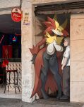 2026 3_toes 5_fingers absurd_res anthro biped blush bottomwear breasts clothed clothed_human clothed_male clothing delphox digital_drawing_(artwork) digital_media_(artwork) duo feet female fingers fully_clothed fully_clothed_human fully_clothed_male fur generation_6_pokemon hair hi_res human looking_at_another male mammal navel nintendo nude nude_anthro nude_female pants pokemon pokemon_(species) shirt smile standing toes topwear yarney
