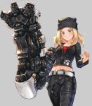  1girl animal_ear_headwear belt blackball blonde_hair blue_eyes cyborg grin hat highres long_hair looking_at_viewer mecha_musume mechanical_arms midriff navel original simple_background smile solo 