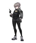  1girl absurdres alma_(aem01) ammunition_pouch black_pantyhose black_scrunchie black_sweater boots borrowed_character breasts bt_(user_udwc7853) buckle bulletproof_vest commentary english_commentary fang full_body gloves grey_boots grey_gloves grey_hair grey_jacket grey_shorts high_ponytail highres hood hood_down hooded_jacket jacket load_bearing_vest long_sleeves magazine_(weapon) medium_breasts medium_hair mole mole_under_eye open_mouth original pantyhose pointing pointing_up ponytail pouch purple_eyes scar scar_on_face scrunchie short_shorts shorts simple_background snap-fit_buckle sweat sweater tactical_clothes white_background 