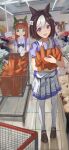  2girls absurdres bow brown_hair carrot ear_covers green_eyes highres holding holding_carrot horse_girl indoors multicolored_hair multiple_girls open_mouth orange_hair pantyhose pleated_skirt purple_bow purple_eyes purple_shirt school_uniform shippo_(pixiv_18567314) shirt shopping_cart silence_suzuka_(umamusume) skirt special_week_(umamusume) standing supermarket tracen_school_uniform two-tone_hair umamusume white_hair white_pantyhose white_skirt 