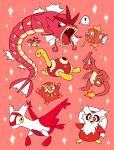  ! alternate_color blue_eyes charmeleon darumaka delibird fangs fire flame-tipped_tail grin highres latias ledyba magikarp no_humans open_mouth pokemon pokemon_(creature) red_background red_theme relyable shared_speech_bubble shiny_pokemon shuckle smile sparkle speech_bubble spoken_exclamation_mark tail yellow_eyes 