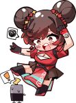  ! 1girl absurdres breasts brown_hair brown_skirt chibi china_dress chinese_clothes cleavage cleavage_cutout clothing_cutout commentary crying double_bun dress dripping_eye english_commentary fighting_stance flower full_body gradient_hair hair_bun hair_flower hair_ornament highres hololive jadea5124 large_breasts mechanical_hands multicolored_hair official_alternate_costume official_alternate_hairstyle open_mouth orange_eyes pelvic_curtain red_dress red_hair roboco-san roboco-san_(oriental-style_battle) robosaa_(roboco) skirt spoken_exclamation_mark spoken_squiggle squiggle standing standing_on_one_leg swept_bangs teeth transparent_background upper_teeth_only virtual_youtuber white_background 