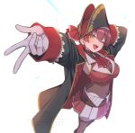  1girl :d ;d a-ka arm_behind_head armpits arms_up ascot belt bicorne black_coat black_hat blue_gem blush breasts brown_belt brown_leotard brown_thighhighs choker cleavage coat commentary_request cropped_jacket dot_nose fanged_bangs fangs feet_out_of_frame foreshortening frilled_choker frills gem gold_trim gyaru_v hair_between_eyes hat head_tilt highres hololive houshou_marine houshou_marine_(1st_costume) jacket large_breasts leather_belt legs_together leotard leotard_under_clothes looking_at_viewer miniskirt off_shoulder one_eye_closed open_mouth pirate_costume pirate_hat pleated_skirt red_ascot red_hair red_jacket red_skirt see-through_clothes see-through_leotard sidelocks simple_background skirt sleeveless sleeveless_jacket smile solo standing thighhighs two-tone_skirt v virtual_youtuber white_background white_skirt yellow_eyes 