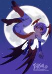  1girl animal_print artist_name ass bare_shoulders bat_print bat_wings boots breasts closed_mouth commentary darkstalkers demon_girl detached_sleeves flying full_body full_moon head_wings high_heel_boots high_heels leotard lilith_(darkstalkers) looking_at_viewer looking_to_the_side moon night outdoors pantyhose print_pantyhose purple_hair purple_pantyhose purple_sleeves red_boots red_eyes red_leotard red_wings shisui sideboob small_breasts smile solo star_(sky) strapless strapless_leotard wings 