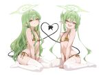  2girls absurdres bikini blue_archive blush breasts closed_mouth commentary commentary_request demon_girl demon_tail earrings film_grain full_body gold_bikini gold_earrings green_hair halo highres hikari_(blue_archive) jewelry long_hair looking_at_viewer multiple_girls nozomi_(blue_archive) open_mouth pointy_ears siblings side-tie_bikini_bottom signature simple_background sisters sitting small_breasts smile swimsuit tail thighhighs toi1et_paper twins twintails wariza watermark watermark_grid white_background white_thighhighs yellow_eyes yellow_halo 