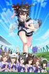  6+girls absurdres ahoge animal_ears apron arm_up black_hair black_shirt blue_eyes blue_sky blush bow bowtie breasts brown_eyes brown_hair cheenosuke cheering cheval_grand_(umamusume) closed_mouth cloud commentary_request commission crown_ornament double-parted_bangs dress duramente_(umamusume) ear_covers ear_through_crown ears_through_headwear green_eyes green_hair hair_between_eyes hair_ornament hat hat_belt highres holding holding_megaphone horse_ears horse_girl horse_tail kitasan_black_(umamusume) large_breasts long_hair long_sleeves maid maid_apron maid_headdress medium_breasts megaphone multicolored_hair multiple_girls open_mouth outdoors pixiv_commission puffy_short_sleeves puffy_sleeves purple_bow purple_bowtie purple_shirt red_eyes running sailor_collar sailor_shirt satono's_trainer satono_crown_(umamusume) satono_diamond_(umamusume) school_uniform shirt shoes short_hair short_sleeves shorts side_ponytail single_ear_cover sky smile sounds_of_earth_(umamusume) streaked_hair tail tracen_school_uniform umamusume very_long_hair white_apron white_hair white_hat white_sailor_collar white_shirt white_shorts 
