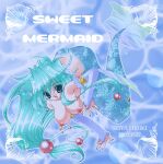  1girl 2000s_(style) 2002 :d armlet artist_name ass bad_id blue_eyes blue_hair blue_nails blue_theme breasts bridal_gauntlets caustics commentary_request dated fingernails fins gold_armlet gold_piercing hair_between_eyes head_fins hibiki_seiya jewelry large_breasts long_hair low-tied_long_hair lowres merfolk mermaid monster_girl nail_polish nipple_piercing nipples open_mouth original piercing seashell shell smile solo white_bridal_gauntlets 