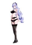 1girl absurdres black_bra black_panties black_shoes black_thighhighs bow bra breasts commentary drill_hair full_body highres long_hair looking_at_viewer meaowtakhe medium_breasts panties pointy_ears purple_hair red_eyes shoes simple_background solo standing thighhighs twin_drills underwear vivian_banshee white_background 