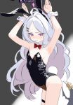  1girl animal_ears arms_up black_leotard black_wings blue_archive bow bowtie closed_mouth cowboy_shot detached_collar fake_animal_ears fake_tail from_side highres hina_(blue_archive) kamitosayu leotard long_hair playboy_bunny purple_eyes rabbit_ears rabbit_pose rabbit_tail red_bow red_bowtie solo tail thigh_strap white_hair white_wrist_cuffs wings wrist_cuffs 