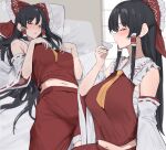  1girl 258n ascot black_hair blush bow breasts chest_sarashi cup detached_sleeves frilled_bow frilled_hair_tubes frills hair_bow hair_tubes hakurei_reimu heart highres holding holding_cup large_breasts long_hair looking_at_viewer lying midriff multiple_views navel on_back red_bow red_eyes red_skirt ribbon-trimmed_sleeves ribbon_trim sarashi skirt skirt_set touhou very_long_hair yellow_ascot 