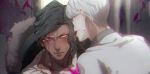  2boys bangs biting blood blood_on_face blurry blurry_background blush brown_hair coat collarbone danganronpa_(series) danganronpa_3_(anime) dark_skin dark_skinned_male ear_biting fur_trim grey_hair grey_shirt jacket looking_at_another male_focus multiple_boys munakata_kyousuke no-kan pink_blood pink_eyes sakakura_juuzou shirt short_hair sweat upper_body white_jacket yaoi 