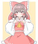  1girl :< ascot blush border bow breasts brown_hair closed_mouth commentary_request crop_top detached_sleeves frilled_bow frilled_hair_tubes frilled_skirt frills hair_bow hair_tubes hakurei_reimu heart heart_hands heart_in_heart_hands highres long_hair looking_at_viewer medium_breasts midriff navel outside_border red_bow red_eyes red_skirt ribbon-trimmed_sleeves ribbon_trim skirt skirt_set solo touhou white_border yellow_ascot yellow_background zenji029 