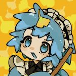  1girl bird_legs blue_eyes blue_feathers blue_hair blue_maid_harpy_(i7go34) blue_tongue blue_wings colored_tongue commentary_request feathered_wings feathers frills harpy i7go34 leaf leaf_on_head maid maid_headdress monster_girl open_mouth orange_background original short_hair solo winged_arms wings 