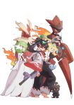  1girl absurdres bandaged_arm bandages barefoot black_hair black_pants blaziken chinese_hairpin colored_sclera colored_skin commentary dress english_commentary fire flame_print from_side full_body gardevoir green_horns hair_bun hair_ornament hair_stick highres holding holding_poke_ball holding_sword holding_weapon horns jacket jadea5124 japanese_clothes jirachi katana looking_ahead manaphy marshadow mega_blaziken mega_gardevoir mega_pokemon mega_scizor multicolored_hair original pants pincers pointy_ears poke_ball pokemon pokemon_(creature) ponytail purple_streaks red_eyes scizor shaymin shaymin_(land) simple_background single_hair_bun standing streaked_hair sword weapon white_background white_dress white_jacket white_skin yellow_sclera 
