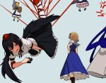  3girls absurdres alice_margatroid angry bird_wings black_hair black_ribbon black_skirt black_wings blonde_hair blue_background blue_dress blush boots bound bound_legs brown_boots camera capelet dress embarrassed frilled_hairband frilled_skirt frills hairband hat highres holding holding_camera holding_polearm holding_shield holding_weapon kamishirasawa_keine monadmandara multiple_girls neck_ribbon pantyhose pointy_ears polearm puffy_short_sleeves puffy_sleeves red_eyes red_hairband red_hat restrained ribbon shameimaru_aya shield shirt short_hair short_sleeves simple_background skirt skirt_tug sweatdrop tokin_hat touhou weapon white_capelet white_pantyhose white_shirt wings 