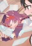  >_< bare_shoulders black_eyes black_hair blush commentary_request fingerless_gloves gloves headband highres indoors kirito leotard long_hair open_mouth pointy_ears purple_gloves purple_hair purple_leotard red_headband short_hair sword_art_online table tears tuna_nigirimesi window wooden_floor wooden_table yuuki_(sao) 