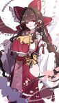  1girl absurdres aged_up ascot bow breasts brown_hair clothing_cutout commentary_request detached_sleeves frilled_bow frilled_hair_tubes frills gohei groin hair_bow hair_tubes hakurei_reimu highres hip_vent holding holding_gohei large_breasts long_hair looking_at_viewer maka_(user_rryf2748) midriff navel no_bra no_panties one_eye_closed red_bow red_eyes red_skirt ribbon-trimmed_sleeves ribbon_trim sketch skirt skirt_set solo touhou unfinished very_long_hair yellow_ascot 