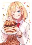  1girl ;q animal_print bangs blonde_hair blue_eyes blush breasts bubba_(watson_amelia) cake commentary dog_print english_commentary food food_on_face hair_ornament hakamii happy_birthday highres holding hololive hololive_english large_breasts long_sleeves looking_at_viewer medium_hair monocle_hair_ornament necktie one_eye_closed open_mouth plaid plaid_skirt plate red_neckwear shirt skirt smile solo star_(symbol) tongue tongue_out upper_body virtual_youtuber watson_amelia white_shirt 
