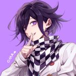  1boy bangs black_hair character_name checkered checkered_neckwear checkered_scarf danganronpa_(series) danganronpa_v3:_killing_harmony fang finger_to_mouth grin hair_between_eyes highres index_finger_raised jacket long_sleeves looking_at_viewer male_focus nanin ouma_kokichi purple_background purple_eyes purple_hair scarf short_hair simple_background smile solo straitjacket upper_body 