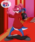 4_fingers anthro anthrofied belly black_bottomwear black_clothing black_pants blue_body blue_legs blue_tail bodily_fluids bottomwear brown_hair candy checkered checkered_floor chibi clothes_falling_off clothing crocodile crocodilian crying dessert door female fingers food food_creature footwear gaming_headset glitch_productions grey_clothing grey_footwear grey_shoes gummigoo_(tadc) gummy_(food) gummy_creature hair hi_res living_candy lizard mentalcrash mid_transformation multicolored_body multicolored_hair multicolored_tail multicolored_text pants pink_body pink_hair pink_snout pink_tongue pink_wall ponytail red_carpet red_clothing red_sweater red_topwear reptile scalie serrated shoes snout solo speech_bubble spiked_tail spikes spikes_(anatomy) sweater tail tears the_amazing_digital_circus tongue topwear vr_headset white_belly white_eyes wood wood_door