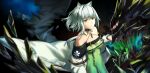  1girl absurdres animal_ear_fluff animal_ears arknights bare_shoulders breasts cat_ears cat_girl coat collar crystal detached_collar dress green_dress green_eyes highres kal'tsit_(arknights) lab_coat long_sleeves looking_at_viewer mon3tr_(arknights) mon3tr_(summon)_(arknights) monster off-shoulder_dress off_shoulder redfish short_hair solo stethoscope upper_body white_coat white_hair 