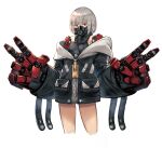  1girl blackball cyborg double_v gas_mask jacket mecha_musume mechanical_arms original red_eyes short_hair silver_hair solo v white_background 