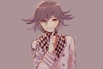  1boy bangs blush brown_background checkered checkered_scarf danganronpa_(series) danganronpa_v3:_killing_harmony english_commentary flipped_hair hair_between_eyes hakamii hand_up highres index_finger_raised jacket long_sleeves looking_at_viewer male_focus multicolored_hair ouma_kokichi purple_hair repost_notice scarf shiny shiny_hair simple_background smile solo two-tone_hair upper_body white_jacket 