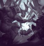  1boy 1other abs absurdres animal_ears artist_name bara biceps blaidd_the_half-wolf bonfire elden_ring english_commentary food furry furry_male greyscale highres holding holding_food looking_at_another monochrome muscular muscular_male nipples offering_food pectorals sitting tarnished_(elden_ring) thinlovestea topless_male twitter_username wolf_boy wolf_ears 
