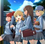  4girls aki_(girls_und_panzer) bangs baseball_cap blonde_hair blue_eyes blue_headwear blue_shirt blue_sky blunt_bangs brown_eyes closed_eyes day girls_und_panzer green_eyes grey_skirt hat highres keizoku_school_uniform kitayama_miuki long_hair long_sleeves low_twintails mika_(girls_und_panzer) mikko_(girls_und_panzer) miniskirt multiple_girls outdoors pleated_skirt red_hair school_uniform shirt short_hair short_twintails skirt sky striped striped_shirt twintails vertical-striped_shirt vertical_stripes youko_(girls_und_panzer) 