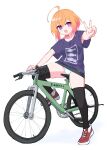  1girl absurdres ahoge animal_print bicycle black_thighhighs bra_strap commentary_request crotch_seam denim denim_skirt dot_nose fish_print gradient_hair grey_skirt heterochromia highres looking_at_viewer miniskirt multicolored_hair open_mouth orange_hair original outstretched_arm panties pantyshot paskmel pink_eyes pink_pupils print_shirt purple_eyes purple_shirt red_shoes riding riding_bicycle shirt shoes short_hair simple_background sitting skirt smile sneakers solo spread_legs t-shirt thighhighs underwear v white_background white_panties 