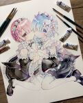  2girls absurdres aqua_eyes aqua_hair artist_collaboration breasts cleavage commentary_request highres holding_hands llatteowo looking_at_viewer maid multiple_girls paintbrush painting_(medium) pink_eyes pink_hair ram_(re:zero) re:zero_kara_hajimeru_isekai_seikatsu rem_(re:zero) sketchbook towa_k76 traditional_media watercolor_(medium) 