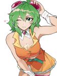  1girl blueysart breasts cleavage closed_mouth collar cowboy_shot detached_collar dress gem goggles goggles_on_head green_eyes green_hair grey-framed_eyewear gumi hair_between_eyes hand_on_goggles hand_up heart highres large_breasts looking_at_viewer medium_hair one_eye_closed orange_dress pink_gem red-tinted_eyewear simple_background sleeveless sleeveless_dress smile solo tinted_eyewear vocaloid white_background white_collar 