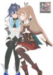  2girls asymmetrical_clothes black_gloves black_shirt black_skirt black_thighhighs blue_bow blue_eyes blue_hair blue_shoes blush boots bow bow_earrings breasts brooch brown_boots brown_capelet brown_cloak brown_corset brown_ribbon cape capelet chain chain_headband chrono_gear:_warden_of_time cleavage cleavage_cutout cloak closed_eyes clothing_cutout corset crop_top cropped_shirt detached_sleeves earrings emimhok feather_hair_ornament feathers frilled_skirt frills gloves grey_sleeves hair_intakes hair_ornament half-skirt head_on_another's_shoulder headband heart heart-shaped_gem heart_brooch highres holocouncil hololive hololive_english holopromise jewelry knee_strap korean_commentary large_breasts long_sleeves multicolored_hair multiple_girls nanashi_mumei nanashi_mumei_(1st_costume) ouro_kronii ouro_kronii_(1st_costume) partially_fingerless_gloves pinstripe_pattern pinstripe_shirt pinstripe_skirt puffy_sleeves ribbon sailor_collar shirt shoes short_hair sitting skirt sleeveless sleeveless_shirt streaked_hair thighhighs underboob virtual_youtuber white_background white_sailor_collar white_shirt yuri 