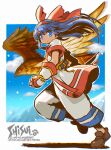  1girl ainu_clothes arm_guards artist_name bird blue_eyes blue_hair bow brown_shoes closed_mouth commentary_request day from_side hair_bow hairband hawk holding holding_knife knife long_hair looking_at_viewer looking_to_the_side mamahaha nakoruru outdoors pants red_bow red_hairband running samurai_spirits shadow shisui shoes snowing solo turning_head white_pants 