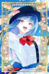  1girl black_hat blue_hair blue_skirt blue_sky bow bowtie breasts cloud collared_shirt commentary_request commission day fruit_hat_ornament hat hat_ornament highres hinanawi_tenshi inset_border konruri_blue leaf_hat_ornament long_hair medium_breasts open_mouth peach_hat_ornament puffy_short_sleeves puffy_sleeves red_bow red_bowtie shirt short_sleeves skeb_commission skirt sky smile solo teeth touhou upper_teeth_only white_shirt 