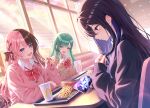  3girls absurdres black_hair black_nails black_sweater blue_eyes blue_hair blue_nails bow bowtie braid brown_bow brown_hair brown_sweater cellphone collared_shirt commentary_request cup disposable_cup fast_food food french_fries green_hair hair_bow highres holding holding_cup holding_food holding_phone ichinose_uruha indoors long_sleeves mcdonald's multicolored_hair multiple_girls open_mouth phone pink_hair pink_nails pink_sweater purple_eyes purple_nails red_bow red_bowtie sasamisable shirt sitting smartphone split-color_hair streaked_hair sweater tachibana_hinano teeth two-tone_hair upper_teeth_only virtual_youtuber vspo! white_shirt yakumo_beni 