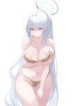  1girl absurdly_long_hair absurdres alternate_costume alternate_hairstyle arm_under_breasts bare_arms bare_shoulders bikini blue_archive blue_halo blush breasts cleavage closed_mouth commentary gold_bikini hair_between_eyes halo highres large_breasts leaning_forward long_hair navel noa_(blue_archive) ponytail purple_eyes sifffl solo stomach swimsuit thigh_gap very_long_hair white_hair white_halo 